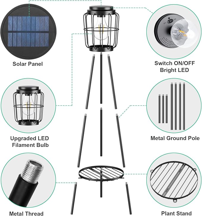 VISFLAIR 2 Pack Solar Lights with Plant Stand, Outdoor Floor Lamp, Waterproof Solar LED Edison Bulb Floor Lamps for Patio Porch Deck Yard Garden Decor