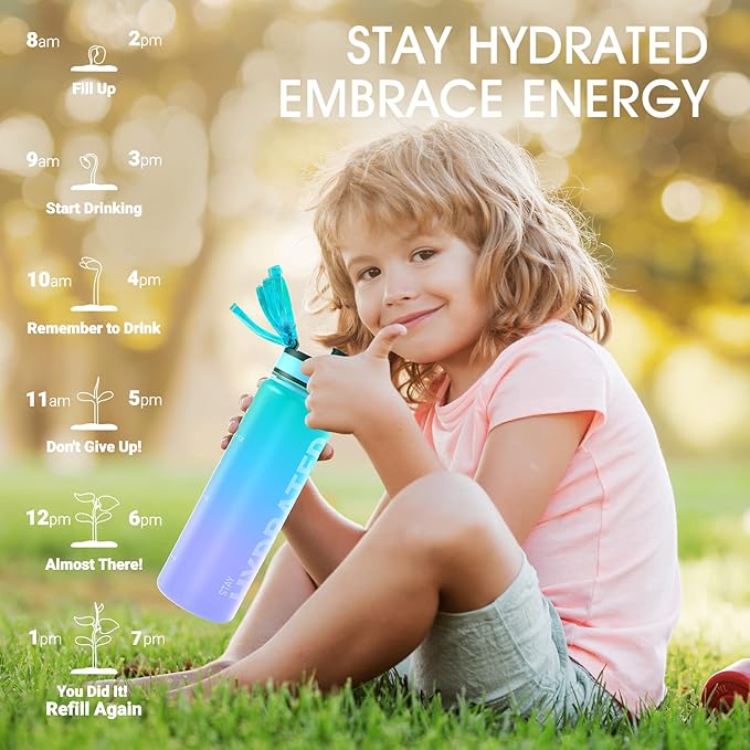 Sahara Sailor Water Bottle, 32/25/17oz Durable and Leakproof Water Bottles Motivational with Time Marker, Tritan, BPA Free, Wide Mouth with Easy Clean Brush for Gym, Travel, School, Office (1 Bottle)