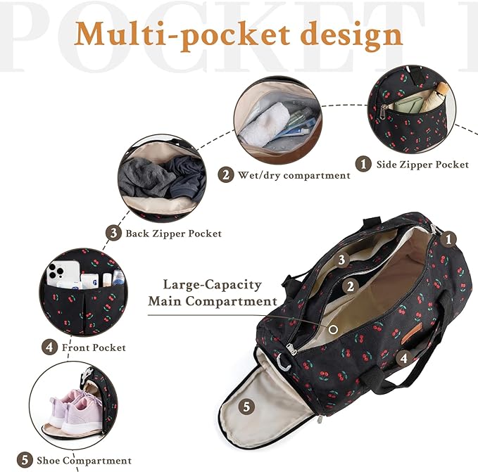 2PCS Gym bag for women, Duffle Bag with Wet Pocket & Shoe Compartment and item bag, Duffle Bag for Travel, Sports, Fitness & Workout