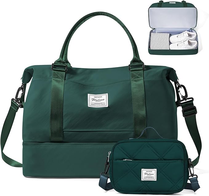 Weekender Bags for Women,Personal Item Travel Bag with Shoes Compartment,Overnight Travel Duffel Bag with Quilted Toiletry Bag,DarkGreen