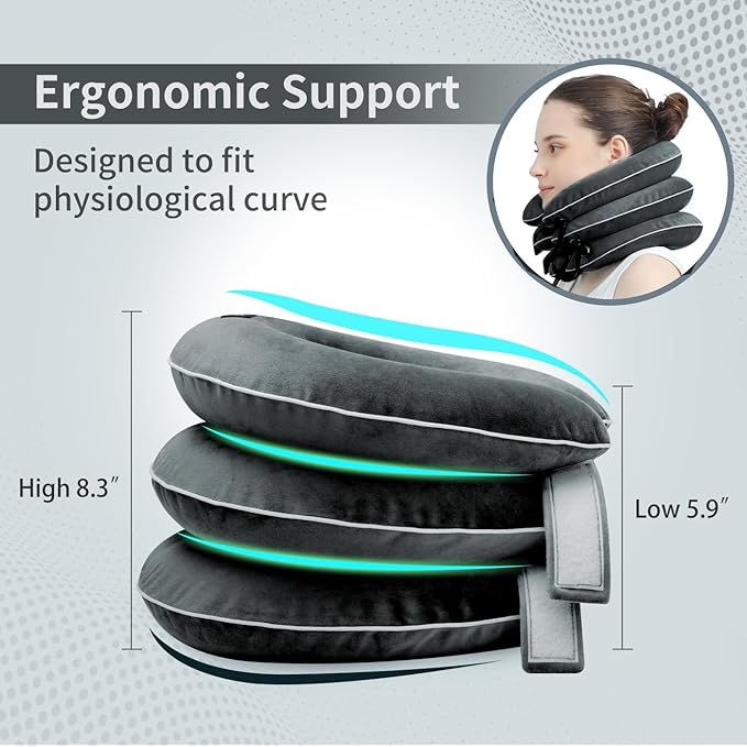 Cervical Neck Traction Device for Neck Pain Relief - Inflatable Neck Stretcher Collar for Decompression - Best Home Use Neck Brace Pump (Black Plush)
