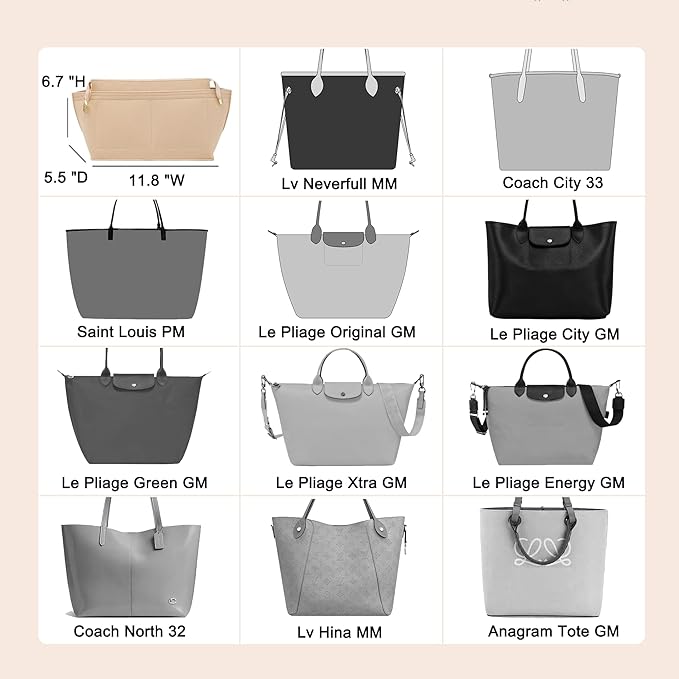 Doxo Purse Organizer Insert for Handbags&Tote Bag,Suitable for Lv Neverfull MM/L.ongchamp GM, Felt Tote Insert with Base Shaper.(Beige-with Cover,MM)