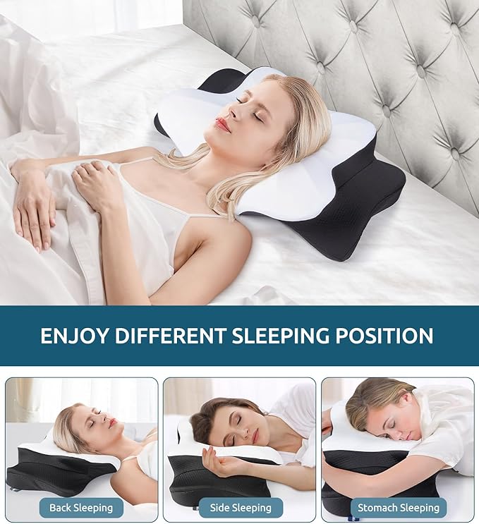 Cervical Neck Pillow for Neck & Shoulder, Ergonomic Contour Memory Foam Pillows for Sleeping with Washable Pillowcase, Neck Support Pillow for Back Stomach Side Sleeper Standard Size Black