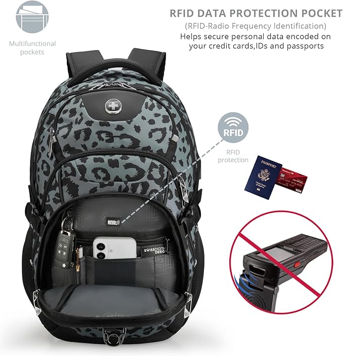 Swissdigital Laptop Backpack with USB Charging Port, Travel Backpack Fits 15.6 inches Computer, 31L Backpack for Men, Gray Leopard | SD803-101