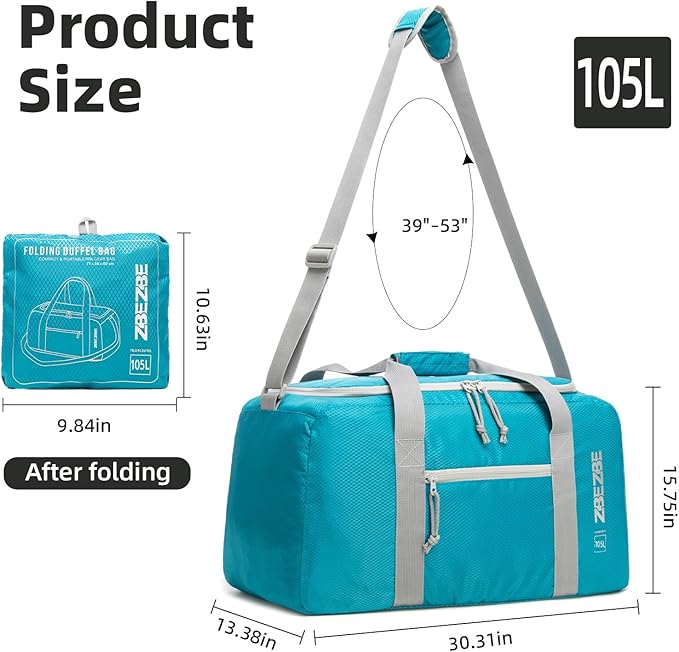 Foldable Travel Duffel Bag, Lightweight & Easy to Carry Water-Repellent Duffle Bag - 2-Way Zipper & Interior Pouch, Ideal for Weekend Trips, Daily Use,Camping，Sports