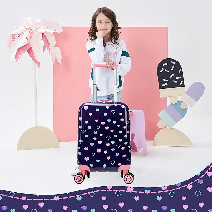 Kid's Luggage Set 5 Piece Suitcase Set 16" Hardside Luggage with Spinner Wheels Girls Carry on Toddler Travel Rolling Suitcase with Neck Pillow Airline Approved