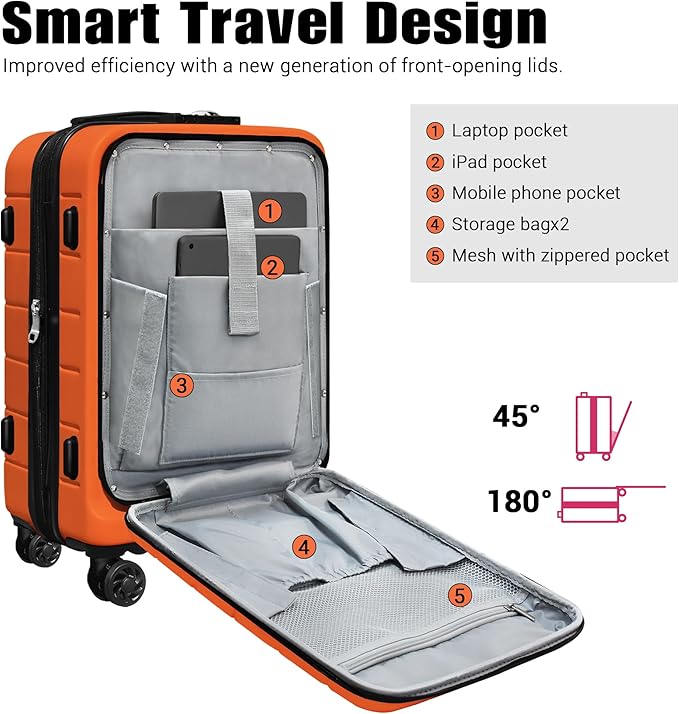 SmileLine 3-Piece Luggage Set Lightweight Hardside Suitcase TSA Lock Spinner Wheels, 20" Expandable Carry-On Luggage with Quick Access Front Open Pocket, Bonus Makeup Bag,Orange