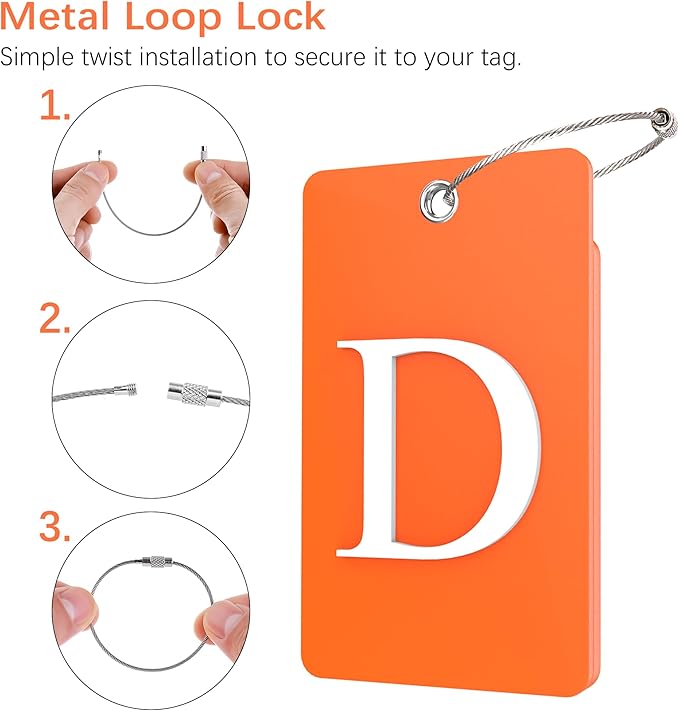 Gostwo 2 Pack Luggage Tags for Suitcases, 26 Initial Letter Travel Luggage Baggage Identification Labels ID Tag Fully Bendable Tags with Stainless Steel Loop (Orange) (Letter D)