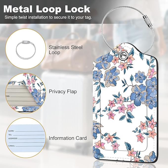 2Pack Luggage Tags for Suitcases, Cute Unique Pu Leather Cruise Luggage Tag with Privacy Cover ID Label Address Card and Metal Ring Suitable for Women Men Kids Travel Bag Blue Pink Flowers