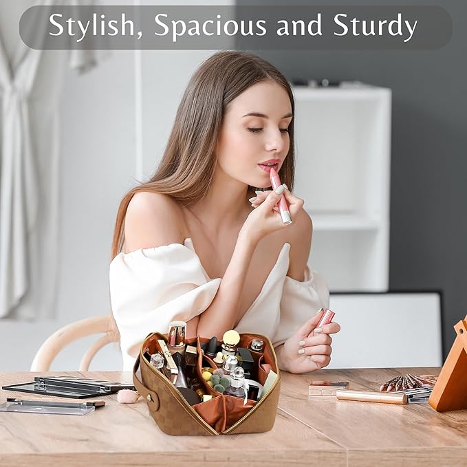 Large Capacity Travel Cosmetic Bag - Portable Makeup Bags for Women Waterproof PU Leather Checkered Makeup Organizer Bag with Dividers and Handle,Toiletry Bag for Cosmetics