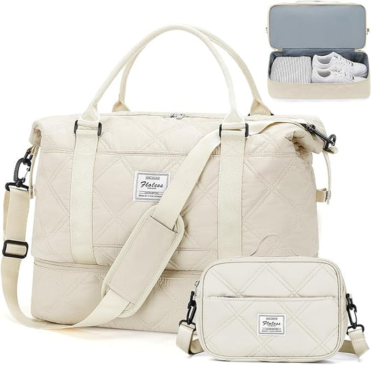Weekender Bags for Women,Personal Item Travel Bag with Shoes Compartment,Overnight Travel Duffel Bag with Toiletry Bag,Quilted Beige