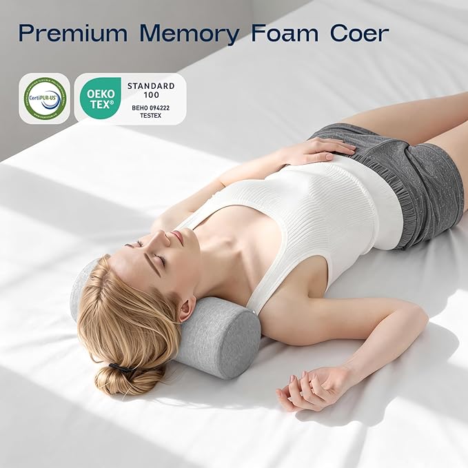Neck Roll Pillow for Neck Pain Relief - Memory Foam Neck Support Pillow for Bed, Cylinder Pillows, Round Neck Pillow for Sleeping, 15.7 * 5 * 5 inch (Grey)