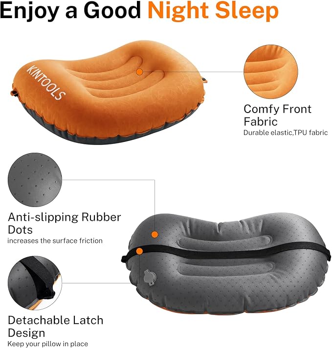 Ultralight Inflatable Camping Travel Pillow-Compressible, Compact, Comfortable, Ergonomic Inflating Pillows for Neck & Lumbar Support While Camp, Hiking, Backpacking (Orange)