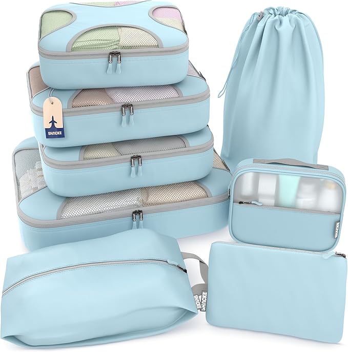 Shacke Packing Cubes for Travel 8 Set - Compression Luggage Organizer Bags - Versatile Travel Organizer for Women and Men - Optimized Packing Bags - Travel Essentials(Sky Blue)