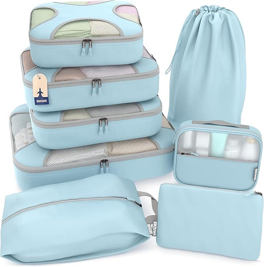 Shacke Packing Cubes for Travel 8 Set - Compression Luggage Organizer Bags - Versatile Travel Organizer for Women and Men - Optimized Packing Bags - Travel Essentials(Sky Blue)