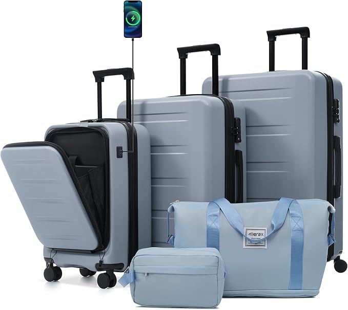 Merax Luggage Sets 5 Piece,Front Open Hardshell Expandable Suitcase with Spinner Wheels and Duffel Bags,Lightweight Carry on Luggage with USB Port,20/24/28IN,Blue