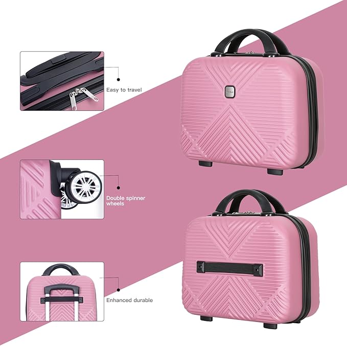 Luggage 4 Piece Set, Hardshell ABS Suitcase Set with Double Spinner Wheels, Lightweight Durable Large Luggage set, Carry On and Checked Travel Luggage, Pink