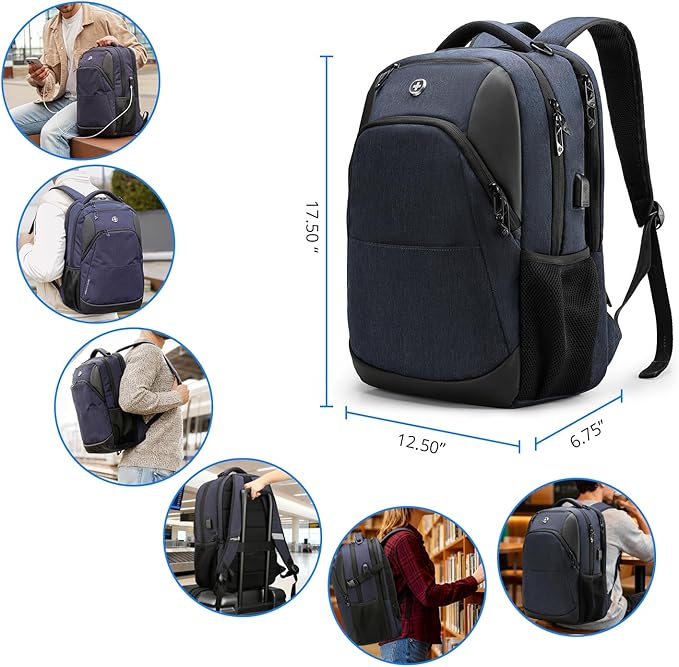 Swissdigital Design Travel Laptop Backpack for Men and Women, Business Backpack with USB Charging Port for Fits 16 Inch Notebook, Blue | SD1670-12