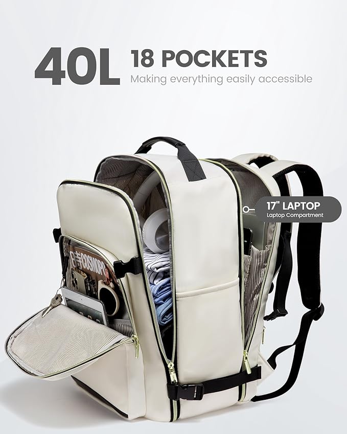 LOVEVOOK Travel Backpack for Women & Men 40L,Airline Approved Carry On Backpack Travel Essentials,TSA Carry on Luggage,Waterproof Personal Item Travel Bag,Suitcase with 3 Packing Cubes,Beige-Black