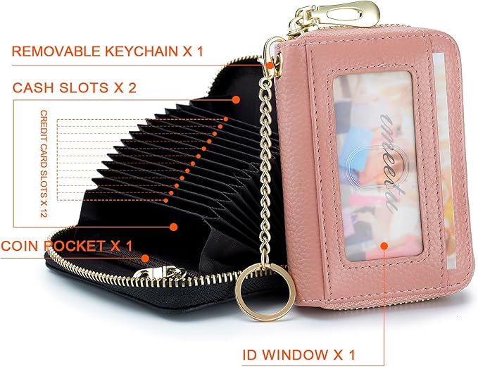 imeetu RFID Credit Card Holder, Small Leather Zipper Card Case Wallet for Women