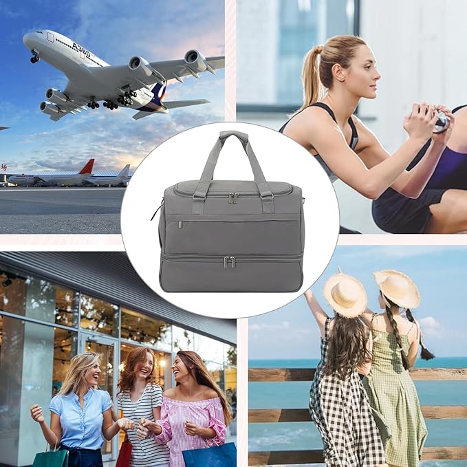 Carry On Travel Duffel Bag for Women & Men,Overnight Weekender Bag with Shoe Compartment,Trolley Sleeve and Adjustable Shoulder Strap,Business & Weekend Travel,Gym,Sports,Yoga & Dance(Medium Gray)