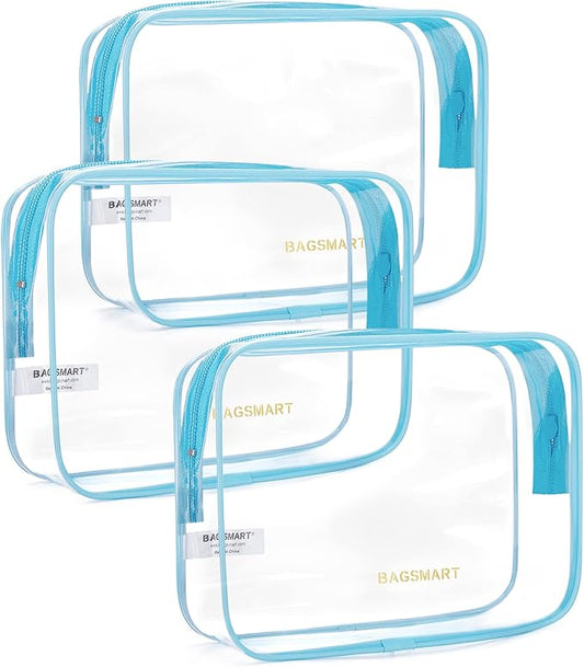 BAGSMART Clear Toiletry Bag, 3 Pack TSA Approved Travel Toiletry bag Carry on Travel Accessories Bag Airport Airline Quart Size Bags Water Repellent Makeup Cosmetic Bag for Women (Blue-3pcs)