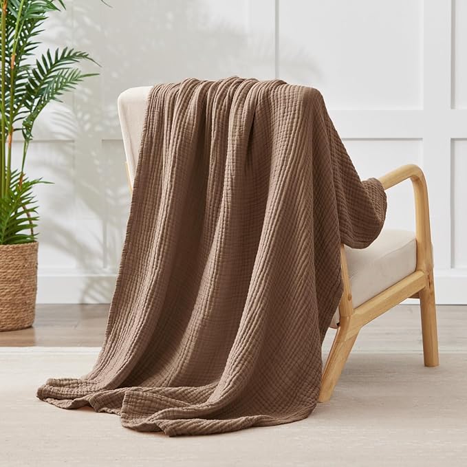 100% Cotton Muslin Blanket Twin 66" x 90", Breathable and Lightweight Cotton Twin Blankets for Couch, Soft Cooling Summer Gauze Blanket for Adults All Season, Tan