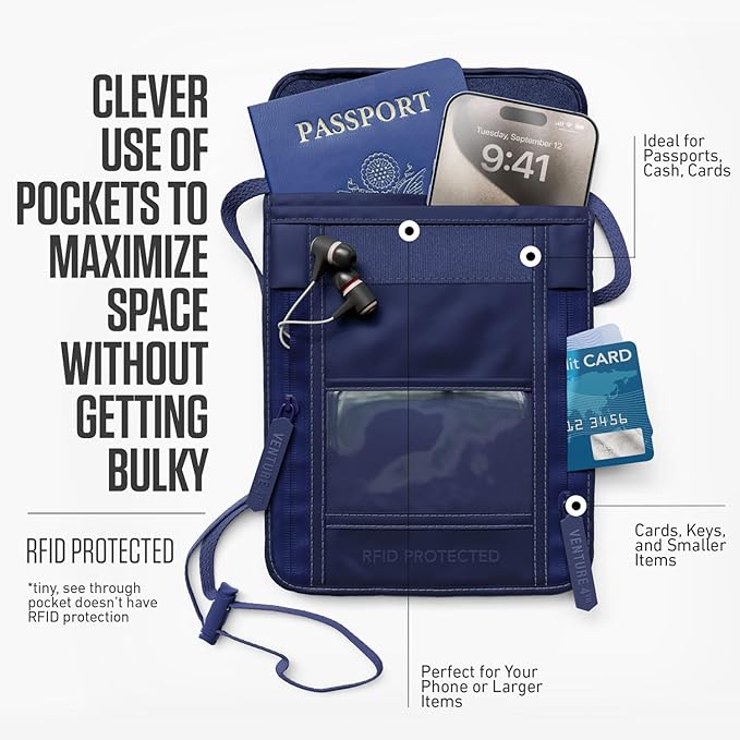 VENTURE 4TH Neck Wallet for Women & Men – RFID Blocking Passport Holder for Travel, Hidden Neck Pouch with 6 Compartments, Slim Lightweight Travel Organizer with Adjustable Strap (Sleek Navy Blue)