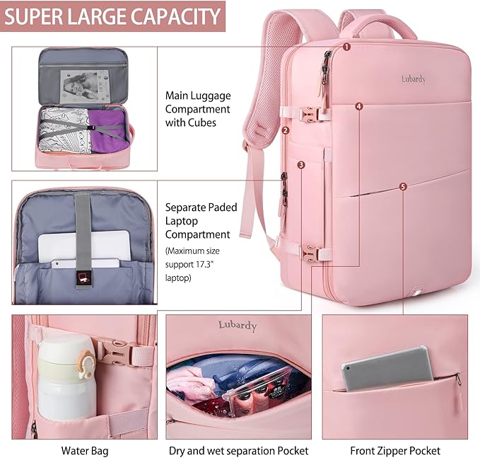 Lubardy Travel Backpack for Men Women 17 Inch Flight Approved Carry on Backpack Waterproof Large 40L Luggage Daypack Business College Weekender Overnight Laptop Backpack with 3 Packing Cubes, Pink