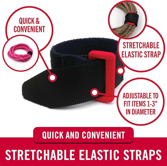 VELCRO Brand VEL-30791-AMS Elastic Cinch Straps with Buckle | 8in x 1in, Pk of 4 | Fully Adjustable and Stretch for Snug Fit | for Fastening Power Cords, Ropes, Organizing Cables, More | Black