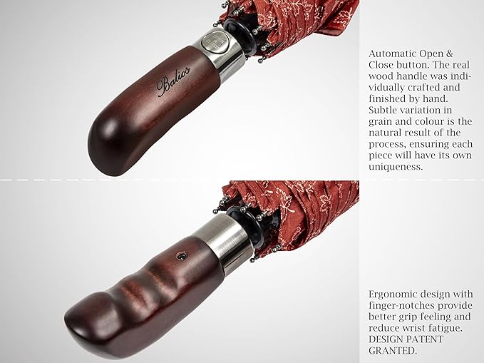 Balios Travel Folding Umbrella with Real Wood Handle Auto Open Close Vented Windproof Canopy - Designed in UK