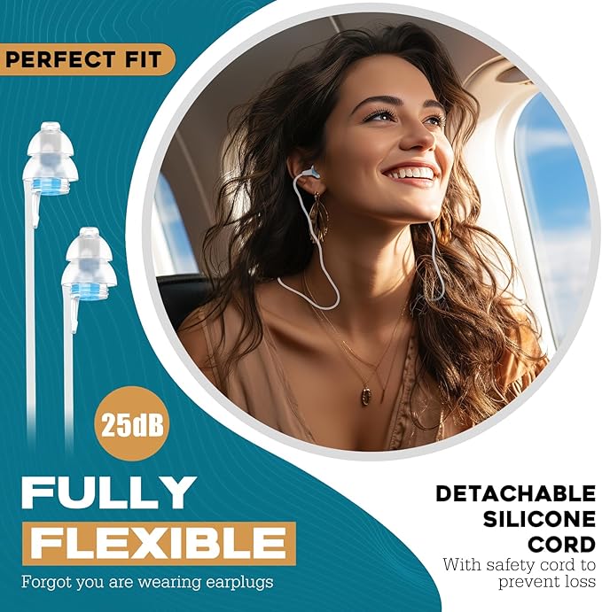 Airplane Ear Pressure Relief Ear Plugs with Lanyard, Prevent Ear-Pain & Noise Reduction, Plane Travel Essentials Pressure Equalizing Earbuds, 100x Reusable Comfy Earplugs for Adults Kids 12+