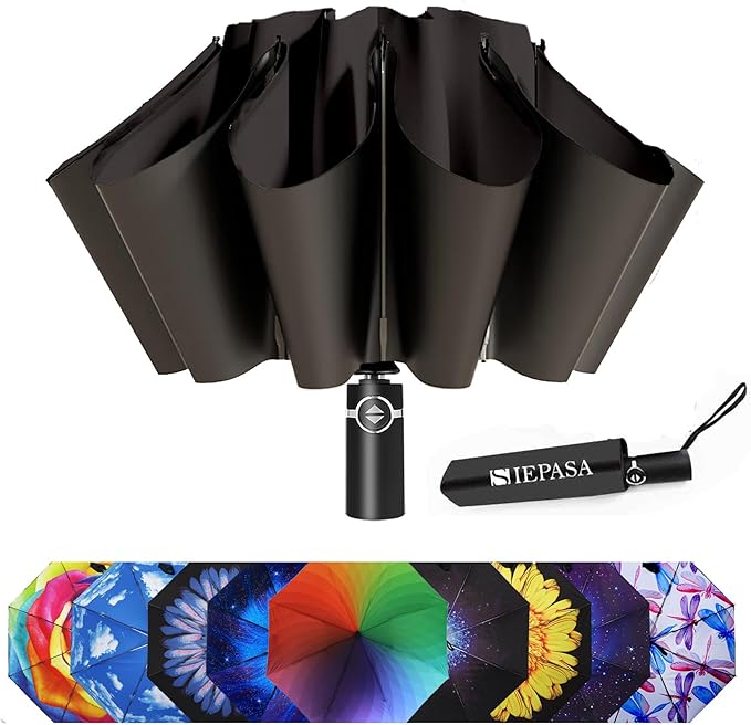 SIEPASA Windproof Travel Compact Umbrella-Automatic Umbrellas for Rain- Folding Umbrella, Travel Compact Umbrella.(Inverted/Black)