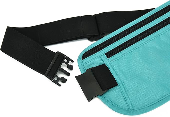 RFID Blocking Money Belt for Men Women, Slim Fanny Pack for Travel，Running,Conceal Waist Wallet for Passport Holder,Phone,Cash(Black Mint Green)