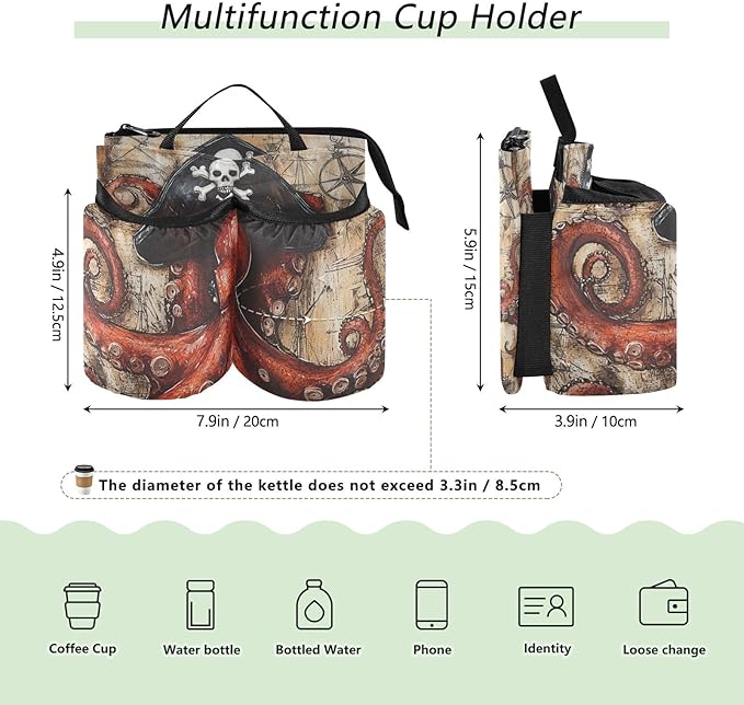 Octopus Pirate and Compass Luggage Cup Holder Travel Portable Free Hand Drink Carrier Suitcase Drinks Beverage Holder Carry-On Bottle Mug Holder Organizer Bag Travelers Accessories