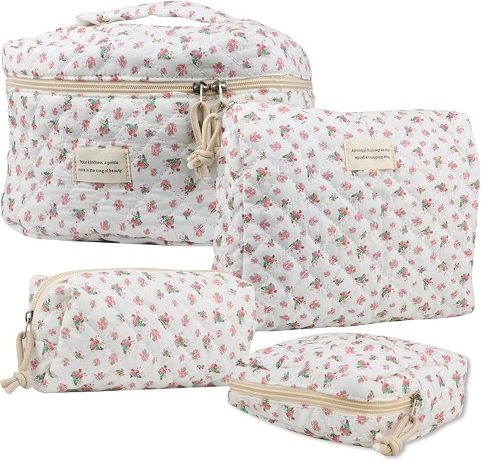 Cute Makeup Bag for Women(2 Pcs), Travel Cosmetic Bags, Quilted Coquette Aesthetic Floral Toiletry Organizer Bag (42 - Red Rose/4PCS)