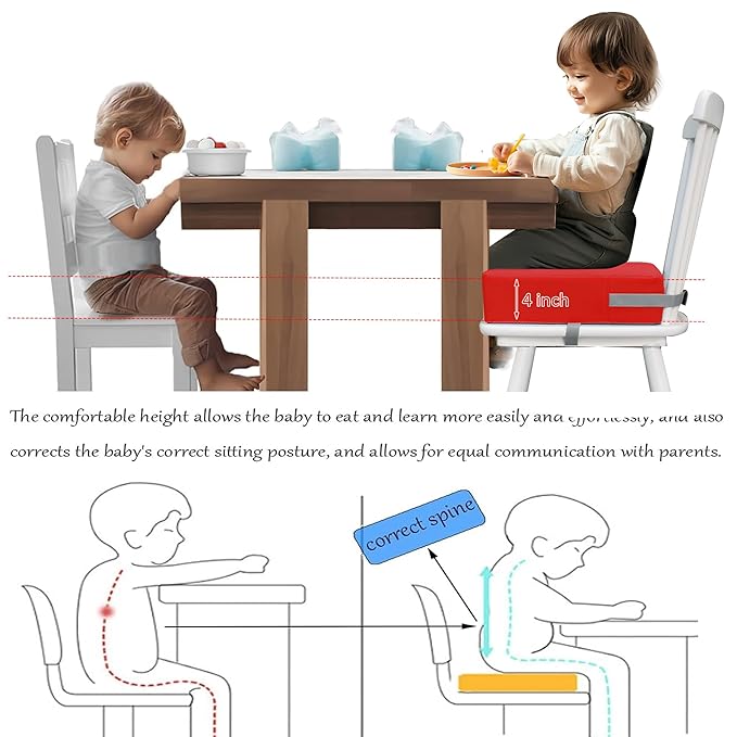 Toddler Booster Seat Dining Table Kitchen Chair, Waterproof Anti-Scratch PU Cushion, Non-Slip Bottom, Adjustable Buckle Straps, Easy Clean Portable Seat Cushion (Red)