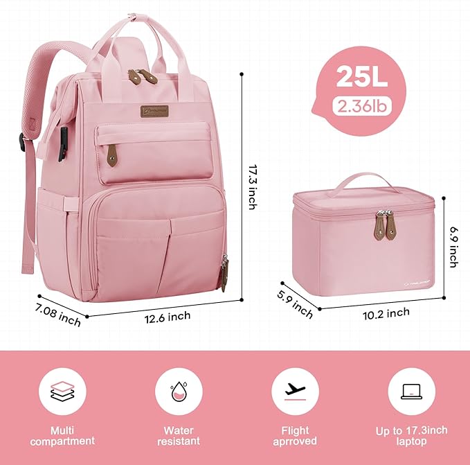 Maelstrom Travel Backpack for Women Men,Laptop Backpack Fits 15.6-17.3 Inch Laptop, Nurse/Work Bag with Insulated Lunch Box (Pink)