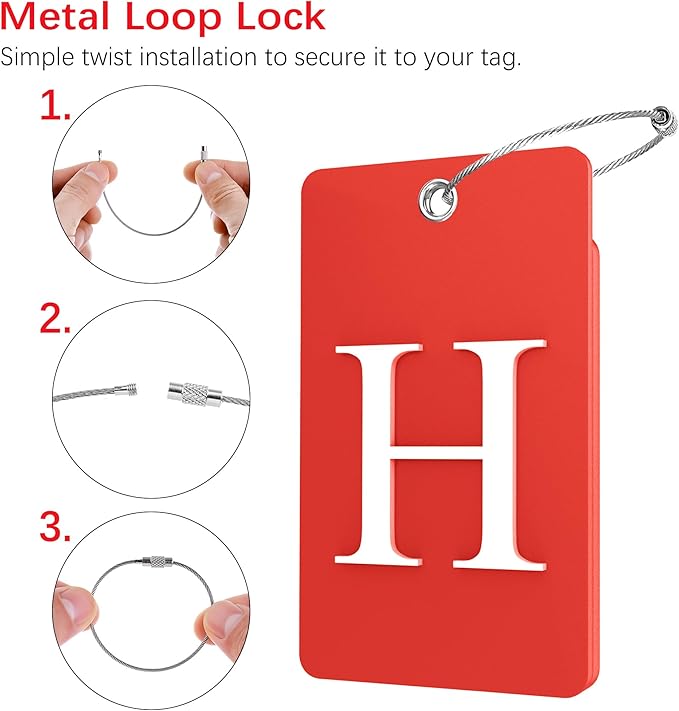 Gostwo 2 Pack Luggage Tags for Suitcases, 26 Initial Letter Travel Luggage Baggage Identification Labels ID Tag Fully Bendable Tags with Stainless Steel Loop (Red) (Letter H)