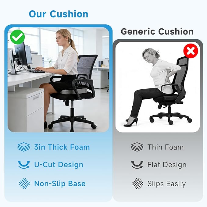 Ergonomic Memory Foam Seat Cushion Premium Coccyx Support for Tailbone & Lower Back Relief, Contoured U-Shape Design, Non-Slip Base, Washable Cover