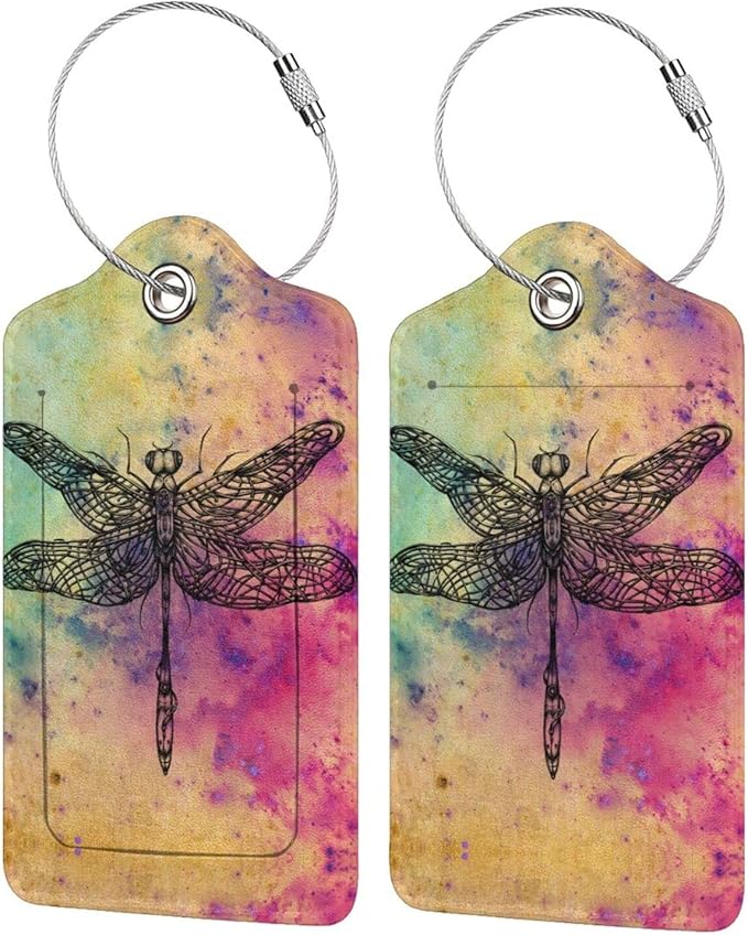Dragonfly 2 Pcs Luggage Tags, Privacy Cover Id Label with Stainless Steel Loop and Address Card for Suitcases & Travel Bags