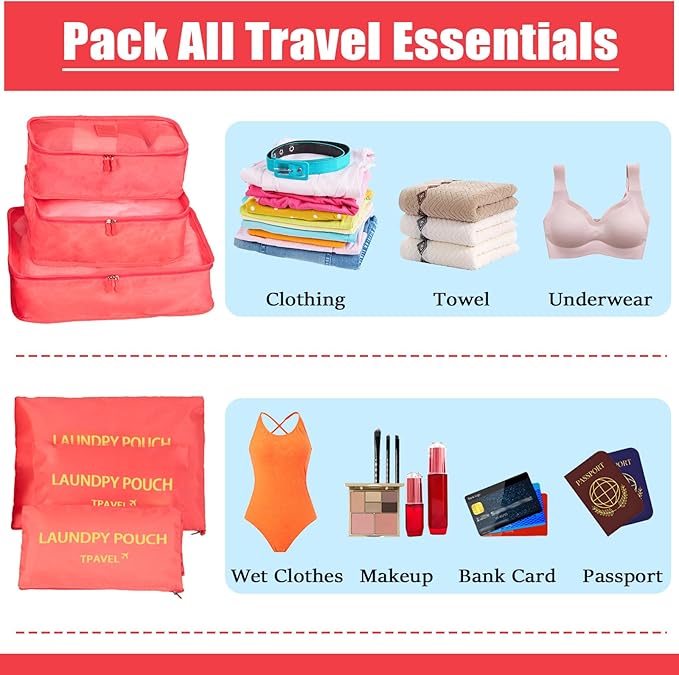 6 Set Packing Cubes for Travel Luggage Packing Bags Reusable Waterproof Suitcase Organizer Bags Set with Shoe Bag and Toiletry Bag (Watermelon Red‌)