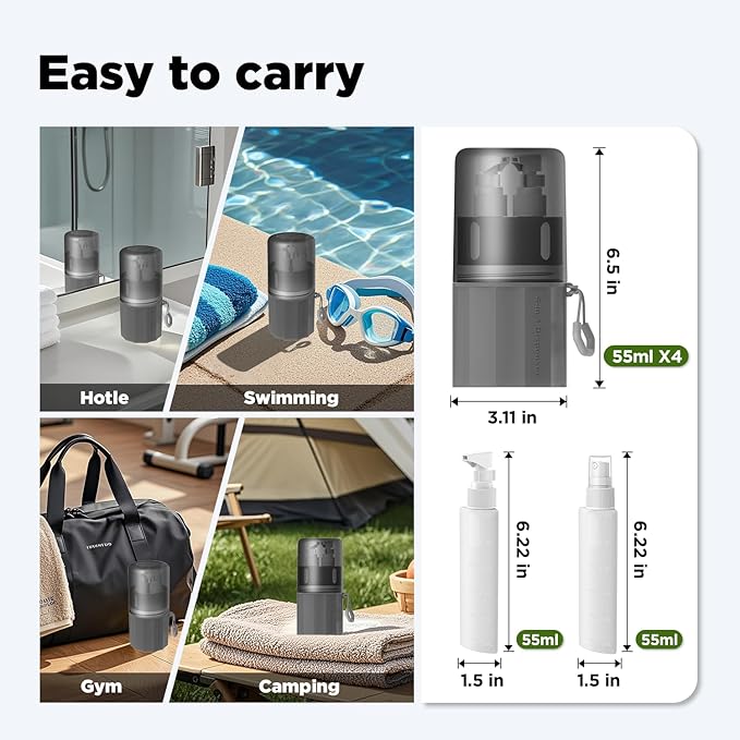 Travel Bottles for Toiletries, TSA Approved Travel Shampoo and Conditioner Bottles with Suction Cups, Gray