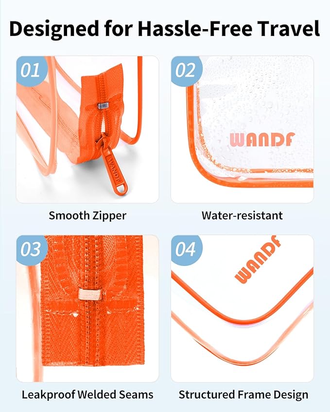 WANDF TSA Approved Toiletry Bag, 2 Packs Travel Clear Toiletry Bag, Quart Size Makeup Cosmetic Pouch with Zipper, Carry-On Airport Compliant Bag for Women and Men (2pcs Orange)