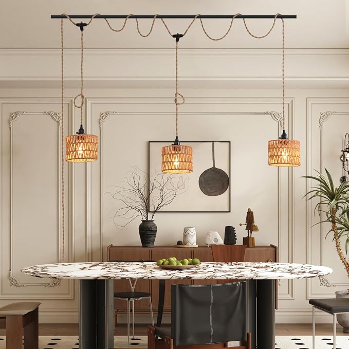 3-Light Hanging Light with Plug in Cord,Plug in Pendant Light 22ft Hemp Rope Pendant Lighting Vintage 3-Light Hanging Lamp Fixtures for Kitchen Island Living Room Bedroom