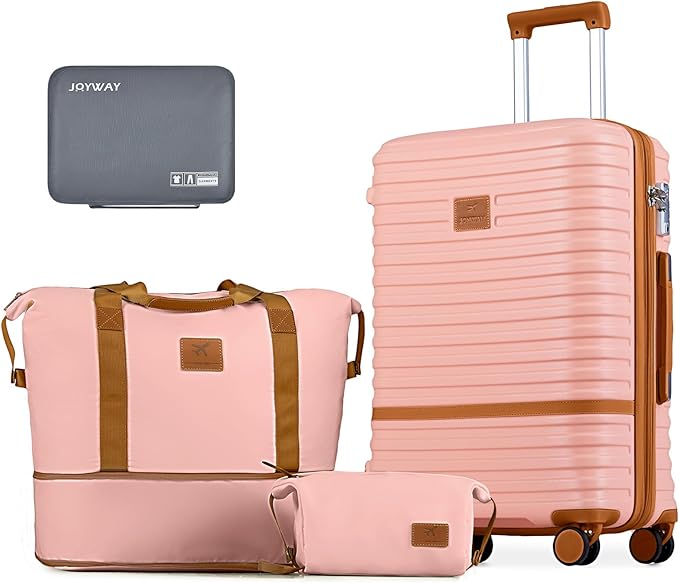 Joyway Expandable 24 Inch Luggage with Spinner Wheels, Lightweight Hard Shell Medium Checked Suitcase, 3 Piece Luggage Sets with TSA Lock, Pink Brown