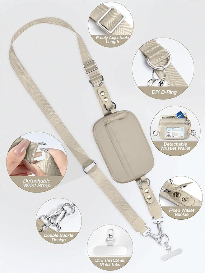 Tiostep Clip and Go Strap for Phone with Wallet Crossbody Phone Lanyard Adjustable and Detachable RFID Wristlet Wallet with ID Window and Zipper, Khaki