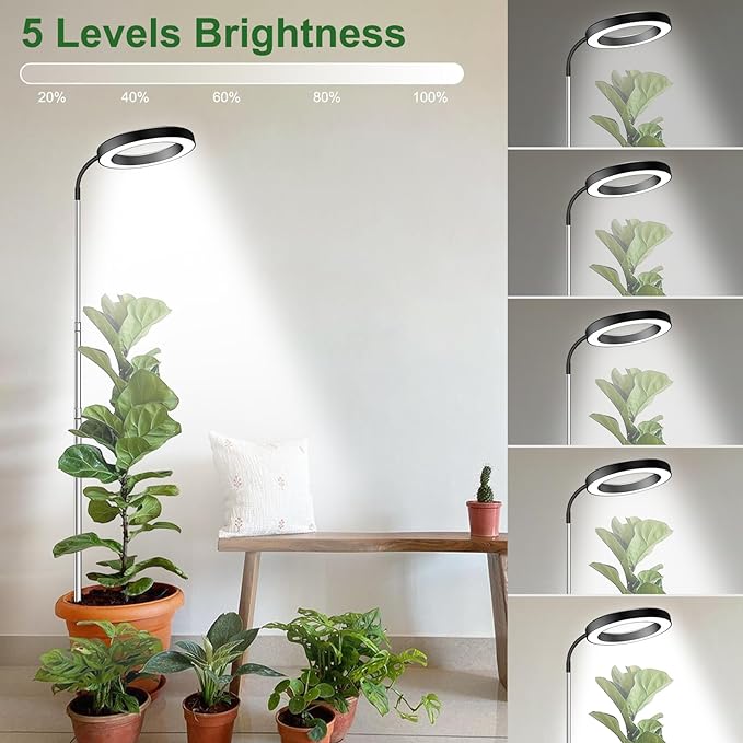 Grow Lights for Indoor Plants Full Spectrum, 80 LEDs Grow Light | 65in Plant Lights for Indoor Growing with 360°Gooseneck, 6/12/16H Timer,5 Brightness,3 lights,Height Adjustable,Black Pair