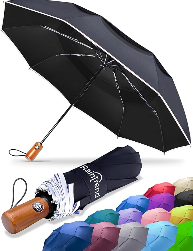 Raintrend Windproof Travel Umbrellas for Rain Automatic +10% Bigger Canopy Strong Frame Compact Folding Portable Umbrella for Women Men Backpack Purse
