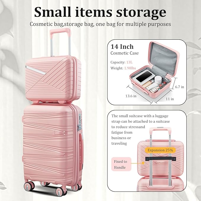 4 Piece Carry On Luggage Set 20 Inch, Expandable PP Hardshell Suitcase with Detachable Spinner Wheels & TSA Lock, Includes Cosmetic Case, Travel Tote & Toiletry Bag, Lightweight (Pink)